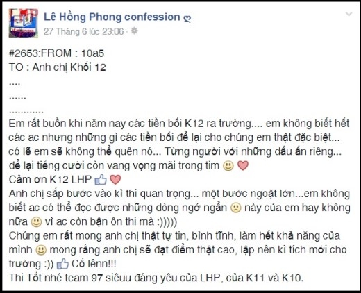 
	
	Lời chúc dễ thương đăng trên “confession” trường Lê Hồng Phong dành cho sĩ tử sinh năm 1997.